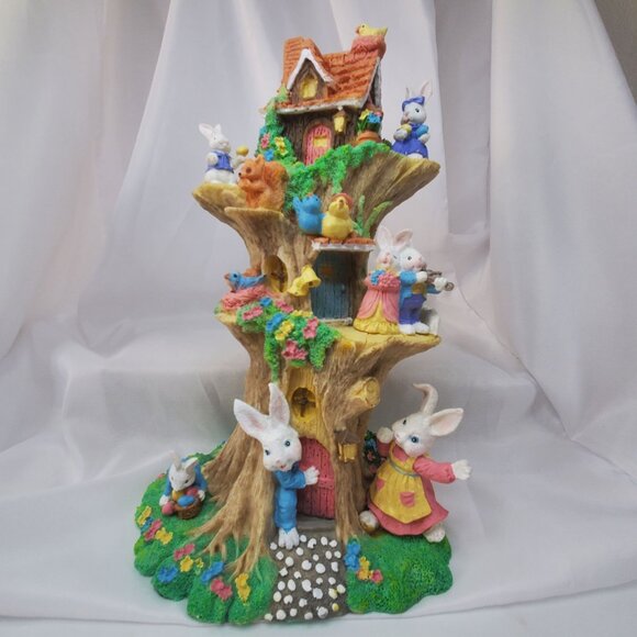 Vintage Rabbit Treehouse Figurine With Woodland Animals 11" Tall Resin Easter - Picture 2 of 12